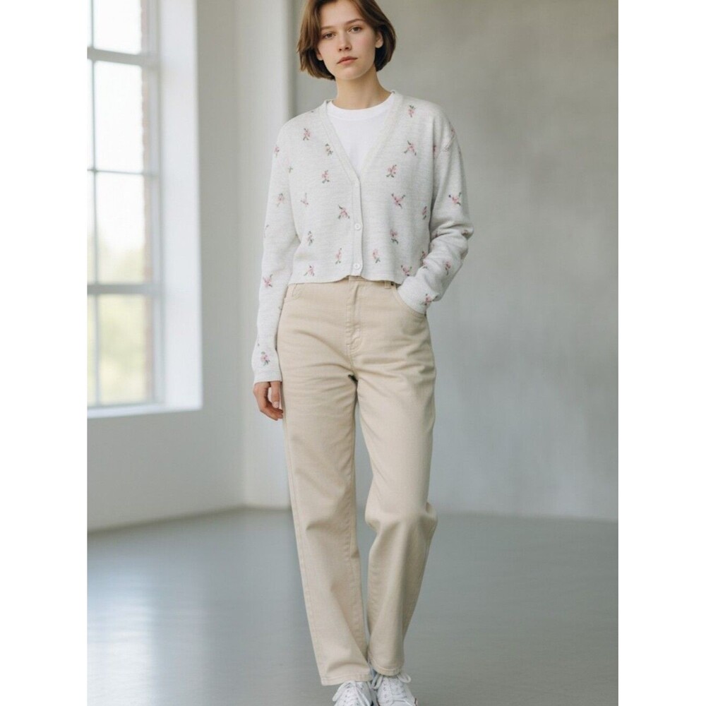 bp Women's White Cropped Cardigan with Pink Floral Cottagecore Coquette Grandmac